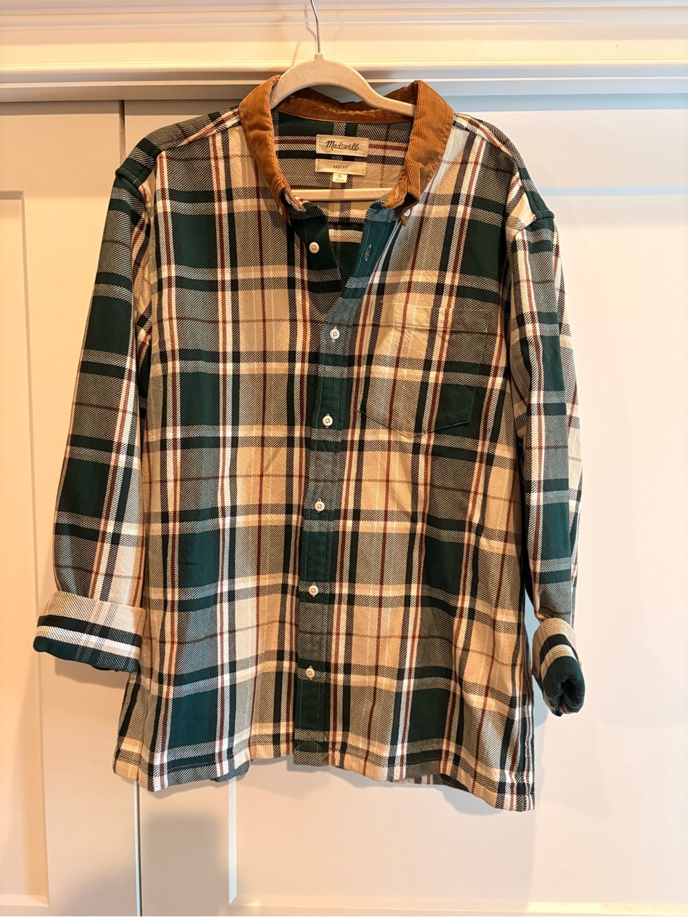 Madewell Men’s Green & Cream Plaid Button-Down with Tan Corduroy Collar